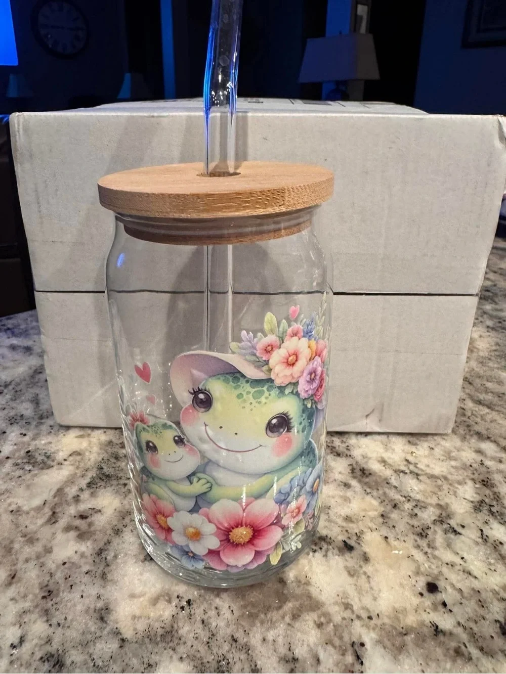 Cute glass  Frog Floral Glass Tumbler with Bamboo Lid & straw